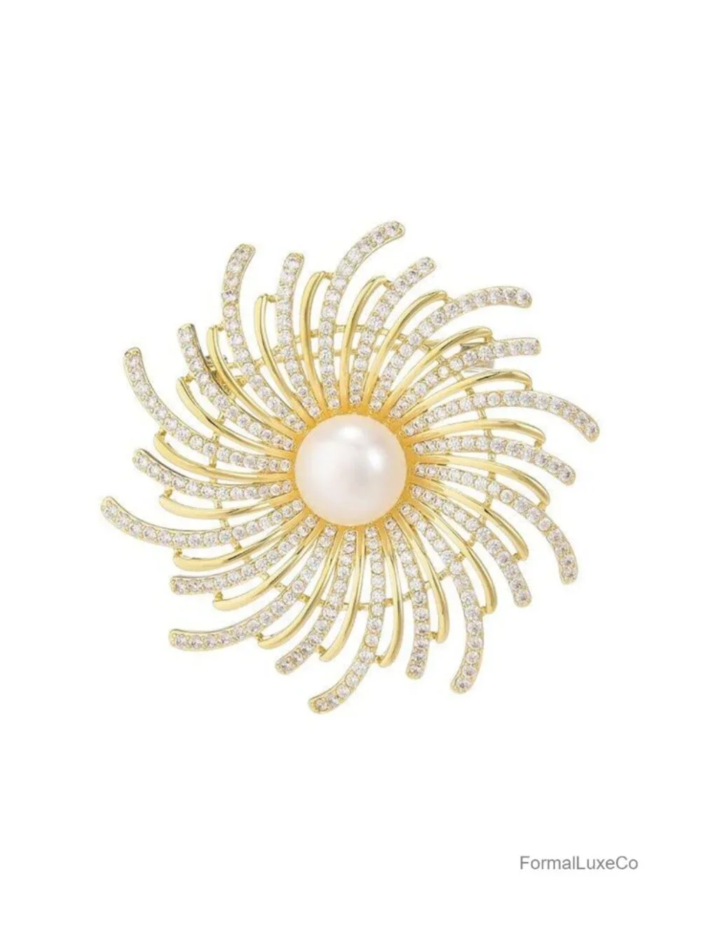 Gold Plated Floral Brooch Pin Rhinestone Crystal Pearl Leaf Clover Lapel Pin